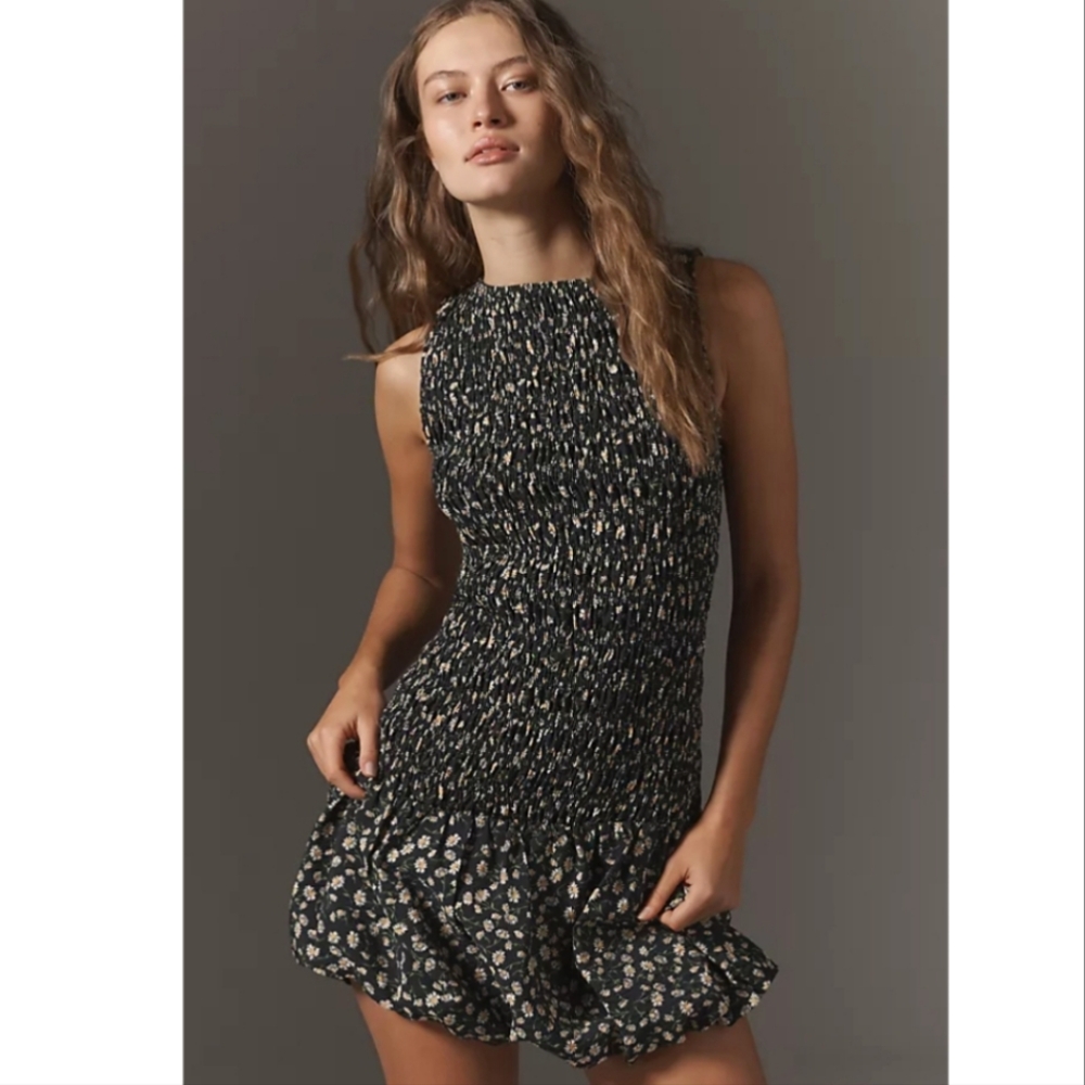 Nwt Anthropologie Maeve Boat Neck Smocked Mini Dress Daisy Print Size XL